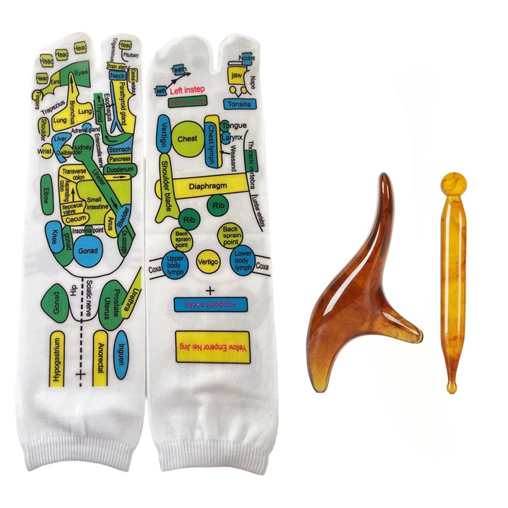 Sosete reflexologie Gua sha, Set cu instrument de masaj, Omelivon, 32 cm, Bumbac Elastic, Multifunctional, Multicolor