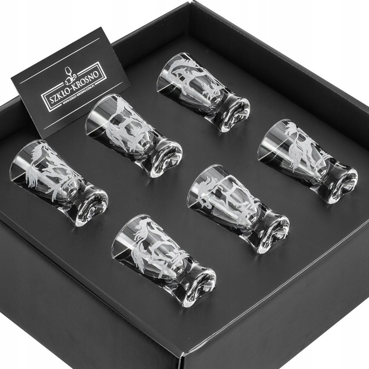 6 darab gravírozott "Ló" feles pohár készlet, üveg, 25ml, elegáns ajándék