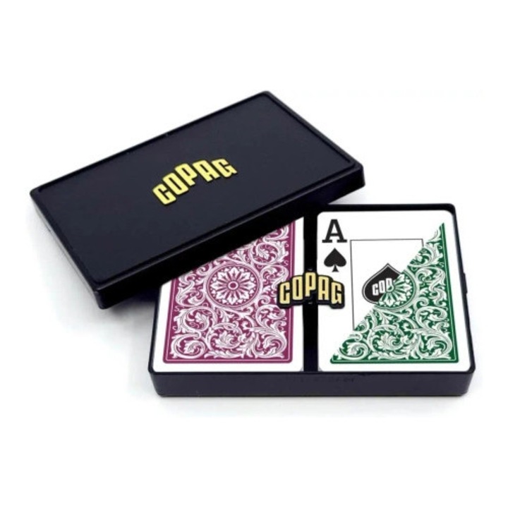 Set de carti de poker Cartamundi Elite Jumbo Face, 2x55, verde si bordou, 100% PVC, rezistent la apa