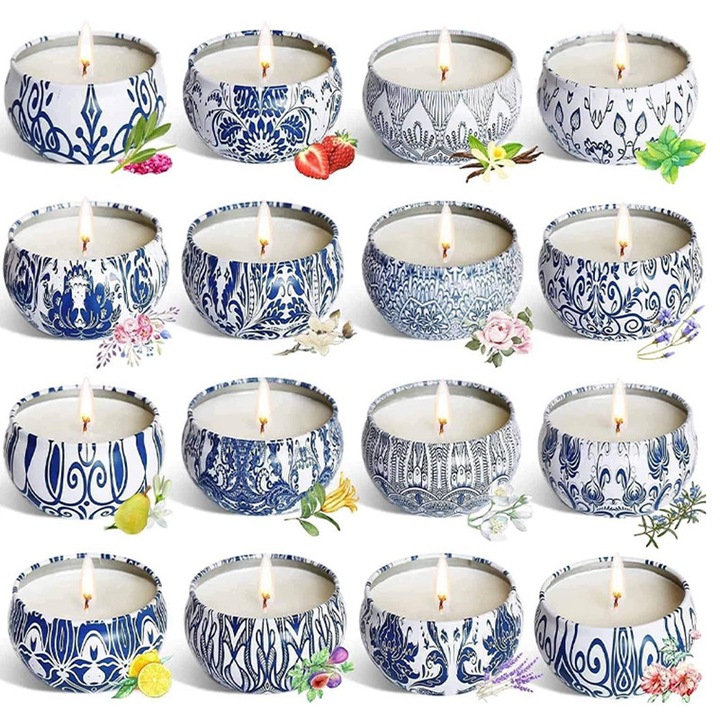 Set 16 Lumanari Parfumate, Omelivon, Ceara de Soia Naturala, Foarte parfumate, Pentru craciun, ziua de nastere, aniversare nunta, decor acasa, cadoul perfect, Multicolor