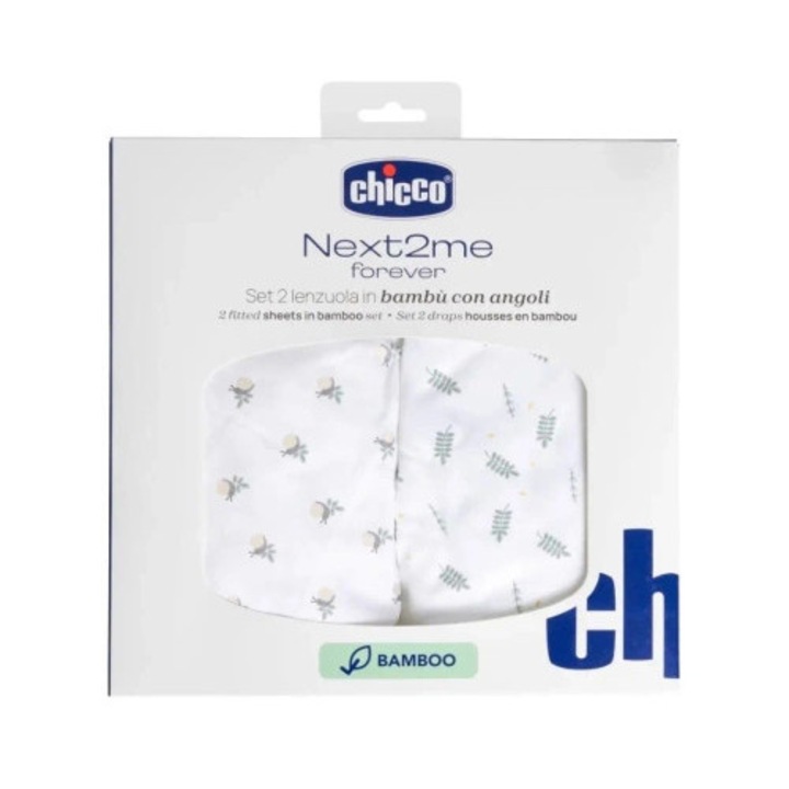 Set 2 cearceafuri cu elastic din bambus, Chicco, 58x110cm, ultra moale, verde