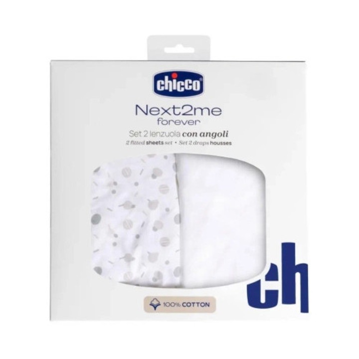 Set 2 cearceafuri din bumbac, Chicco, 58x110cm, elastic, pentru patuturi