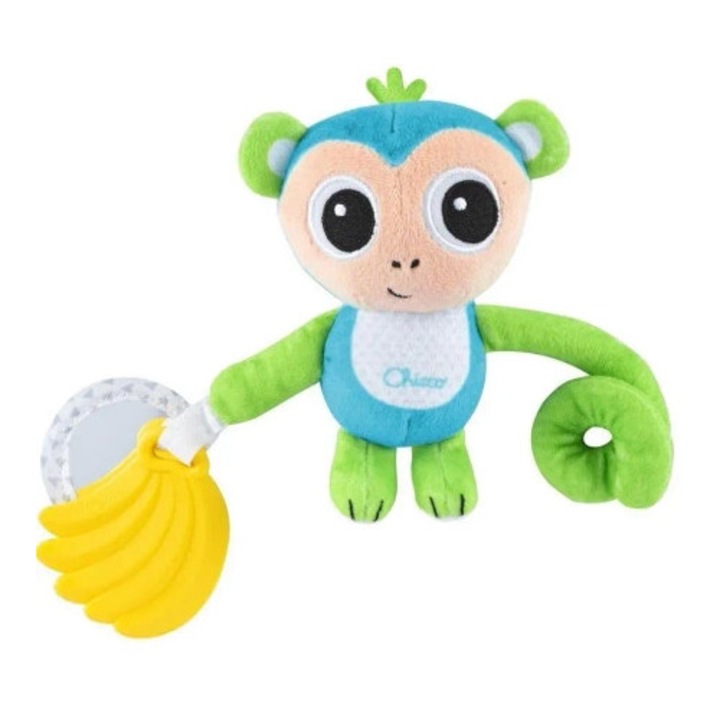 Jucarie pentru carucior Chicco, maimuta cu manere elastice, cu margele si oglinda, 14x15x5,5cm