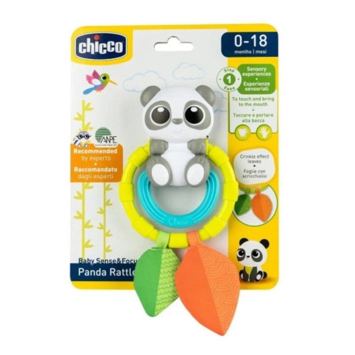 Panda csörgő játék, Chicco, 13x9x3cm, 0-18 hónapos gyermekeknek