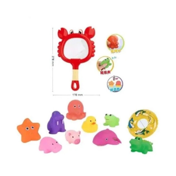 Ciuciubabka fürdőjáték készlet, 6 darabos, gumi állatok, színváltós, hálóval