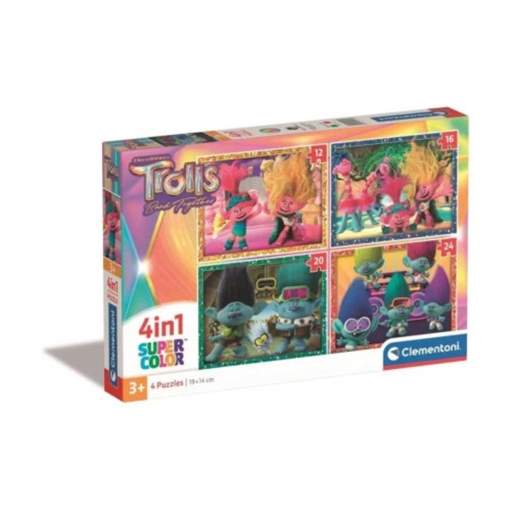 Clementoni Trolls 3, 4 az 1-ben puzzle készlet, 12+16+20+24 darab, többszínű, 19x14cm