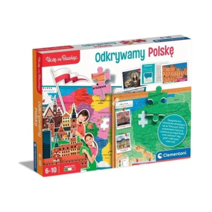 Puzzle 2 in 1, Clementoni, harta fizica si politica a Poloniei, joc de carti, multicolor