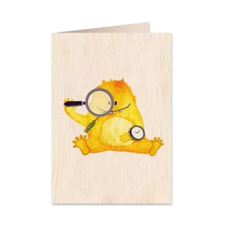 Felicitare din lemn C6 cu coperta Misiek cu lupa, Cozywood