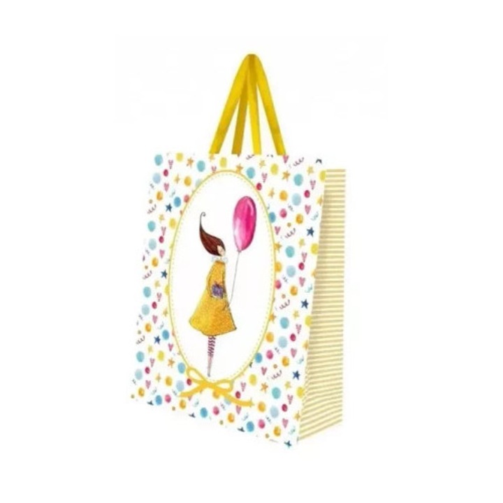 Toreba cadou mica Cozywood, design femeie cu balon, eleganta, multicolor