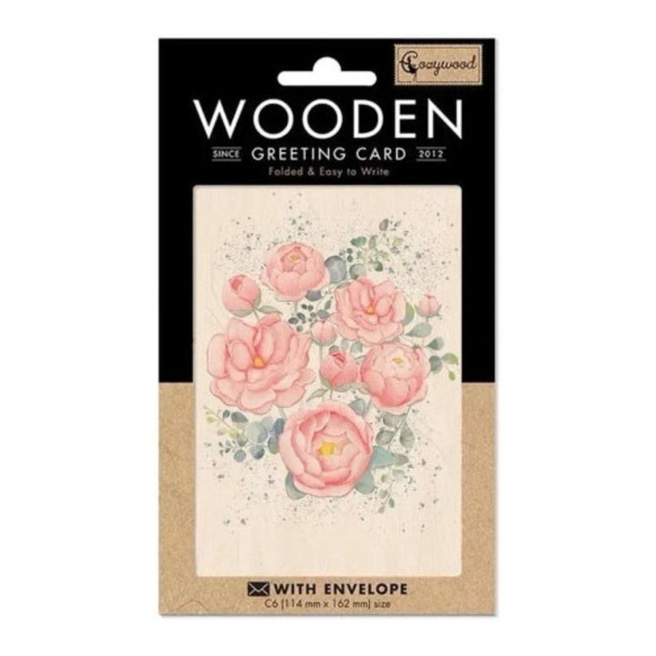 Felicitare din lemn C6 cu envelopa, Cozywood, roz, biodegradabila, certificat FSC