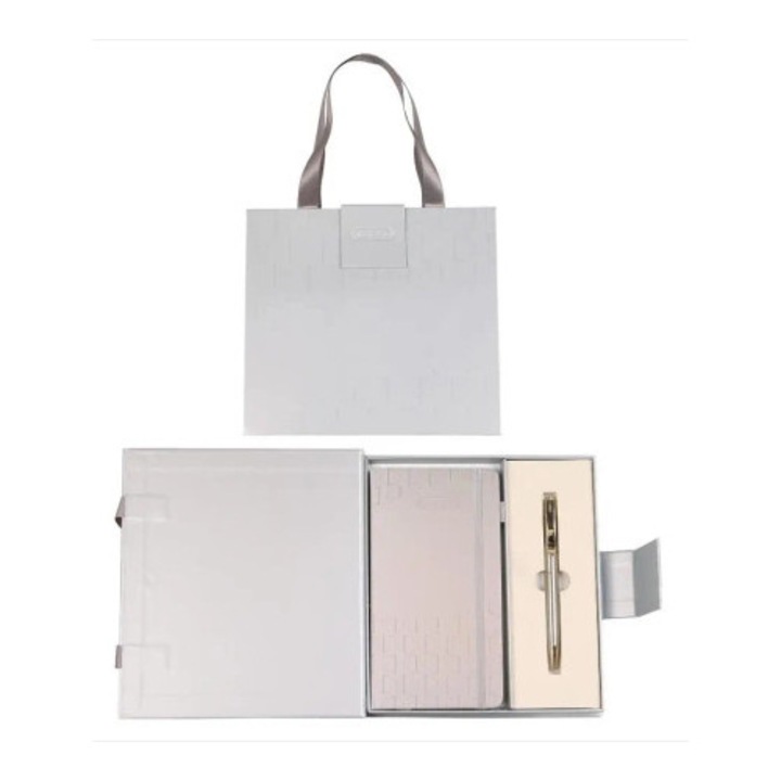 Cresco ajándékszett, notesz gumival és elegáns ezüst toll arany részletekkel, táska típusú csomagolás, 30x20cm