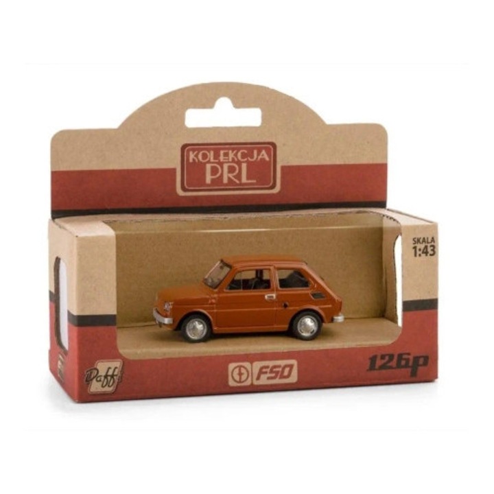 Daffi Fiat 126p autómodell, fém műanyag elemekkel, 1:43, barna színű