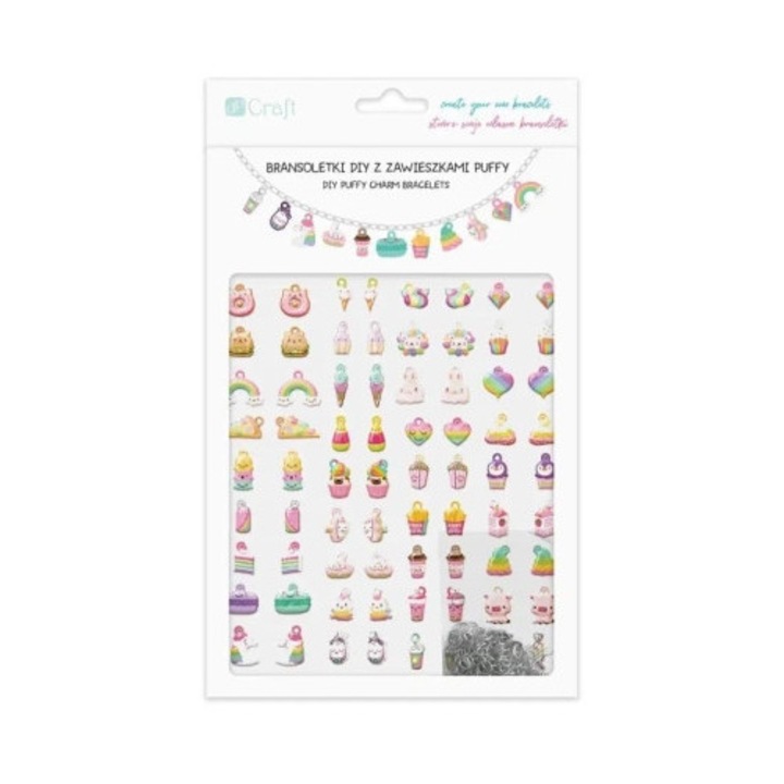 Set de bratari DIY cu charms puffy Rainbow, Dalprint dpCraft, 2 bratari metalice, 36 charms colorate, 19cm