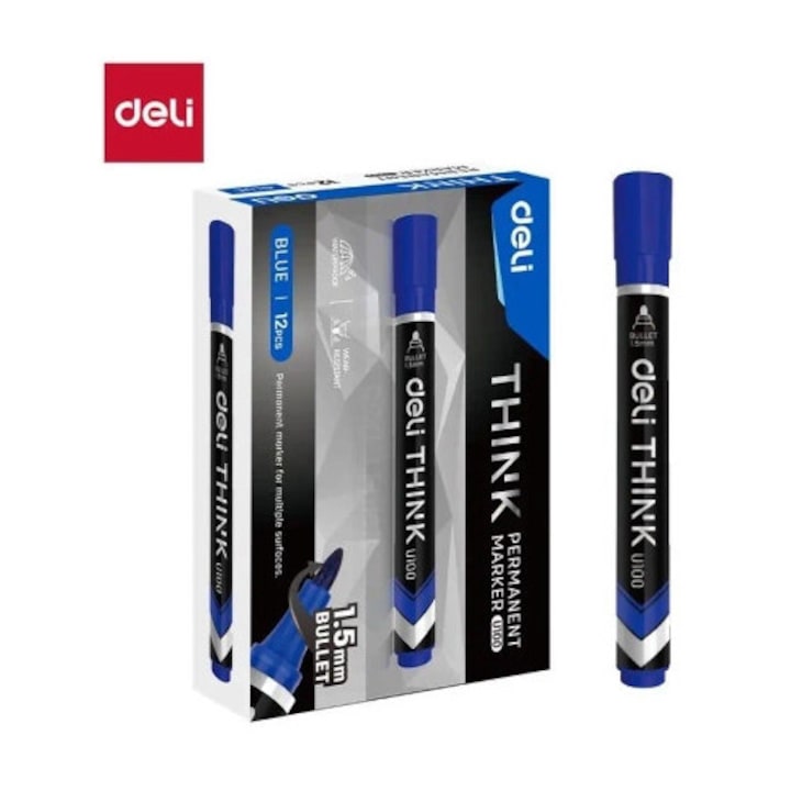 Marker permanent, Deli, 1,5mm, albastru, set 12 bucati