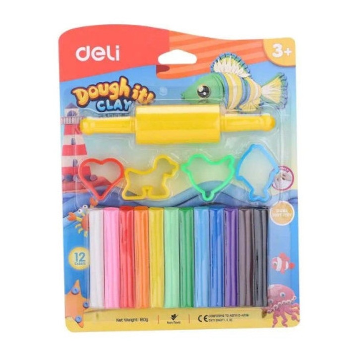 Plastilina Deli, 12 culori, 160g, include 4 forme animale