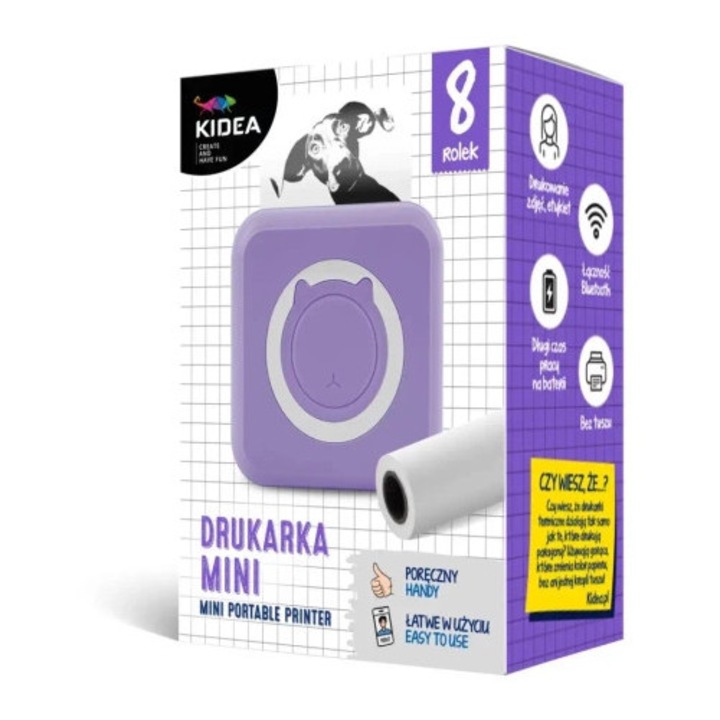 Kidea mini hőnyomtató, 4 öntapadós tekercs és 4 papírtekercs készlet, 10x15x22cm
