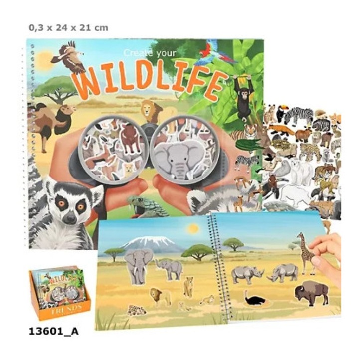 Set stickere decorative Create your Wild life, 16 pagini, 3 pagini cu stickere glitter, 1 pagina cu stickere din hartie, 1,6x24x21cm