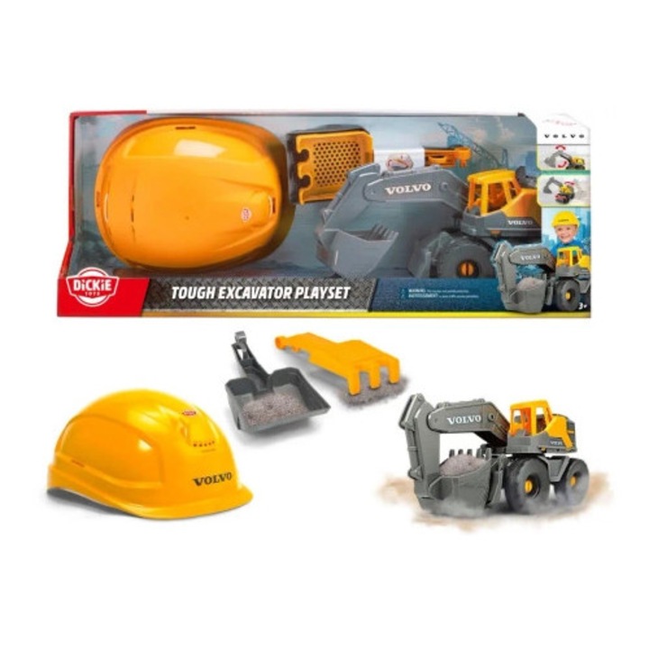 Utilaj de constructie de jucarie, Dickie Toys, Koparka Volvo, 28cm, set cu casca ajustabila