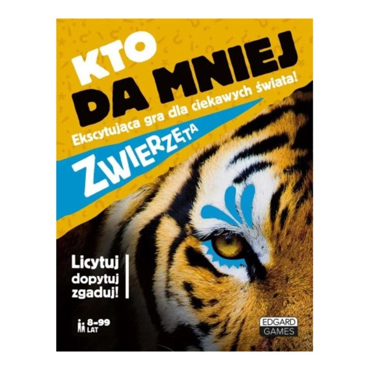 Társasjáték, Kto da mniej, Edgard, 50 állatkártya, 5 licitkártya, 5 kérdéskártya, 2-5 játékos, 15 perc