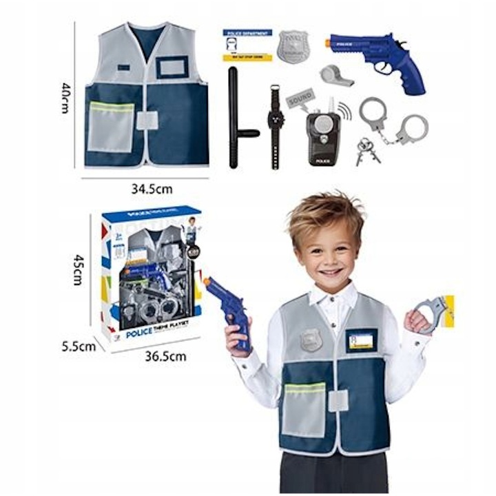 Set costum mic politist, Luxma, vesta si accesorii, multicolor, pentru copii de la 6 ani