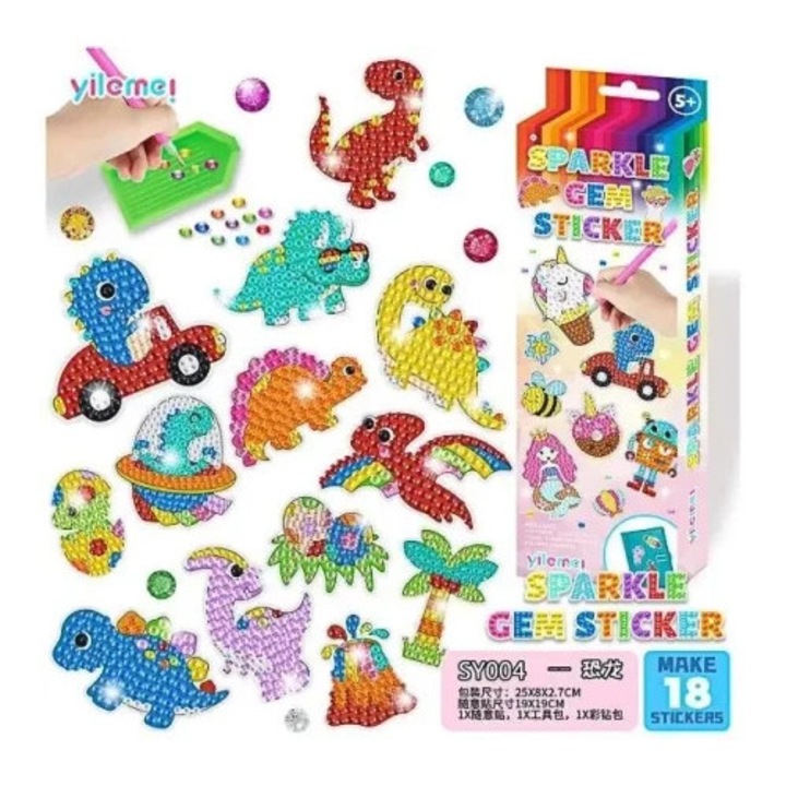Set de artizanat Fandy, mozaica diamentina Sparkle dino, sabloane, pietricele acrilice, recipient plastic, unealta aplicare