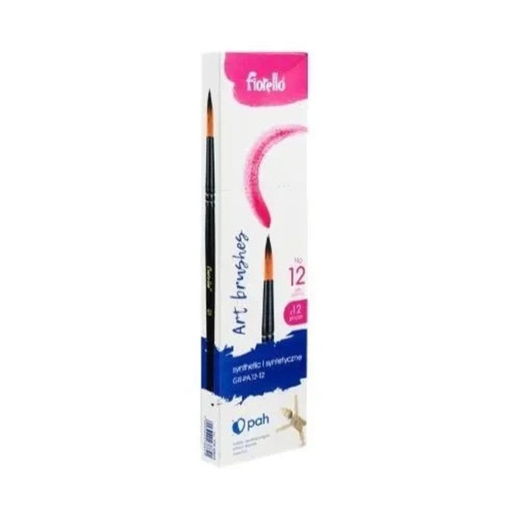 Set pensule artistice Fiorello, 12 bucati, nylon, negru, dimensiuni variate