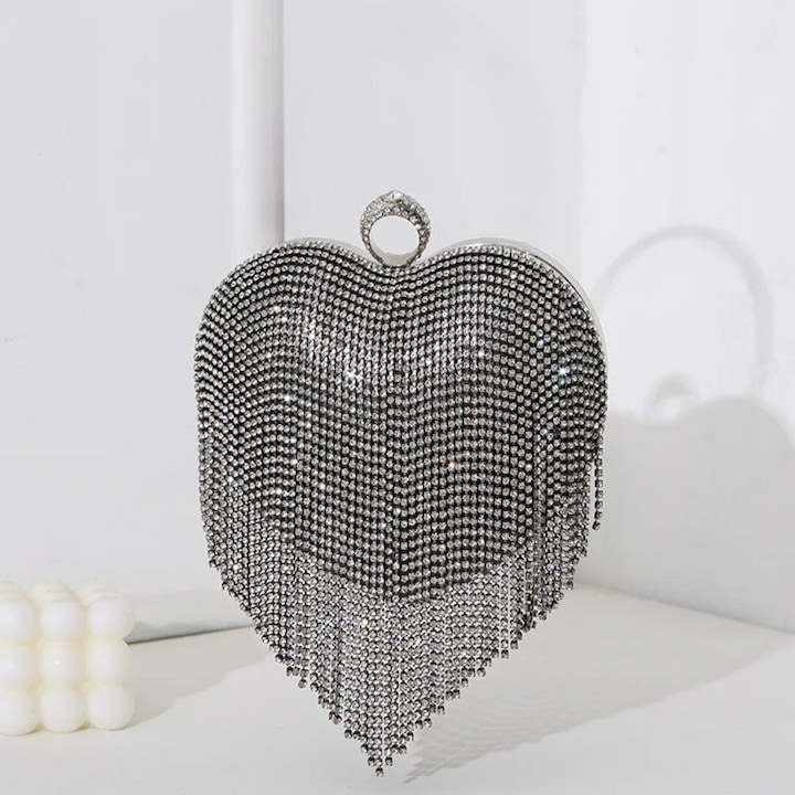 Geanta de seara pentru femei, model minaudiere, cu dantela si strasuri, argintie, 17x8x15cm