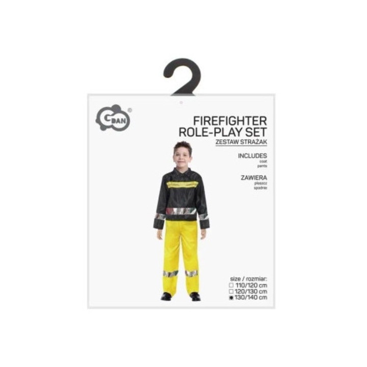Costum de pompier pentru copii, Godan, 130/140cm, negru, galben, set