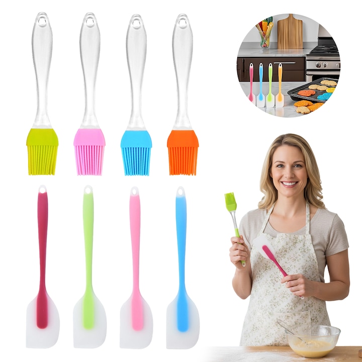 Set de 8 ustensile de bucatarie din silicon - spatule si pensule, rezistente la caldura, fara BPA, multicolor, 28x5.5cm si 17x3cm