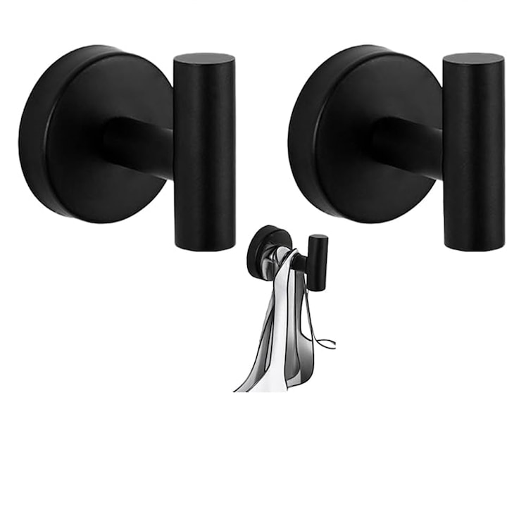 Set 2 suporturi metalice cu ventuza neagra, inox, pentru baie, bucatarie si organizare acasa