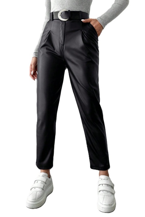 Pantaloni Dama, Piele PU, Talie Inalta, Cu Curea, Negru