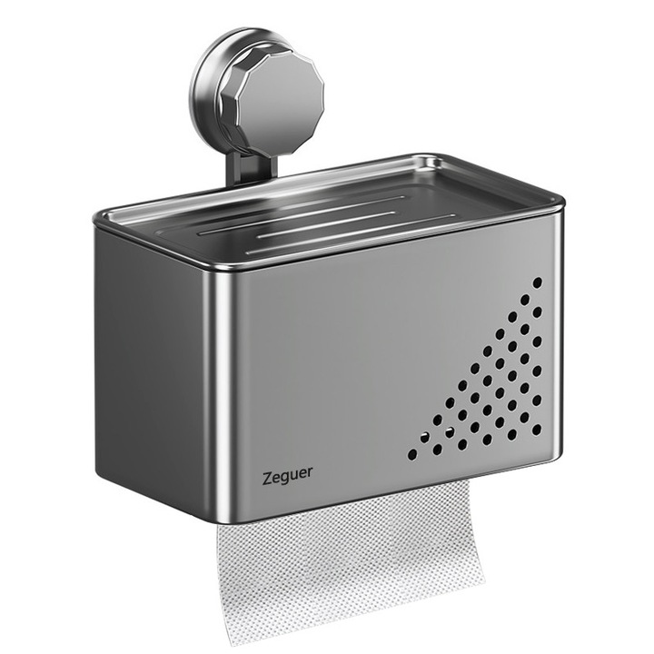 Suport hârtie igienică cu raft, Zeguer, Prindere cu ventuză, Gri, 20.5x12cm