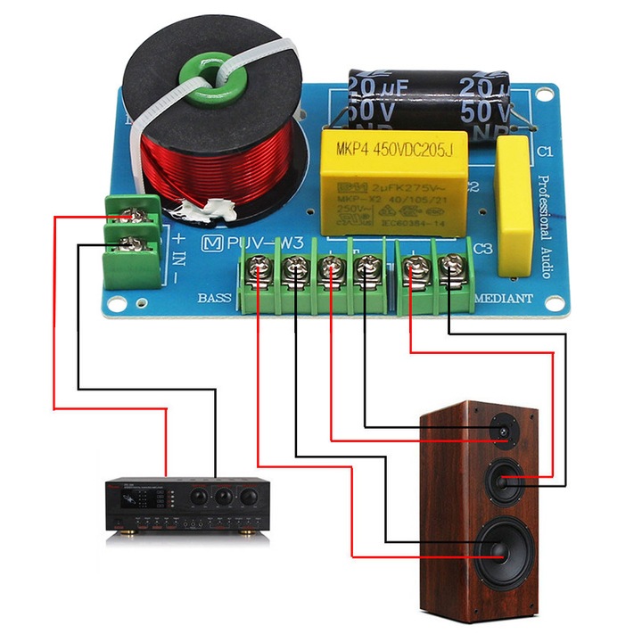 3-utas audio crossover szűrő, 200W, 45Hz-25KHz, 4-8Ohm