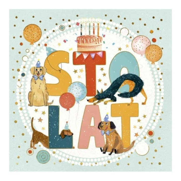 Felicitare HENRY KW Sto lat Pieski, 15x15cm, cu modele in relief si zlotire, cu envelopa colorata, set.