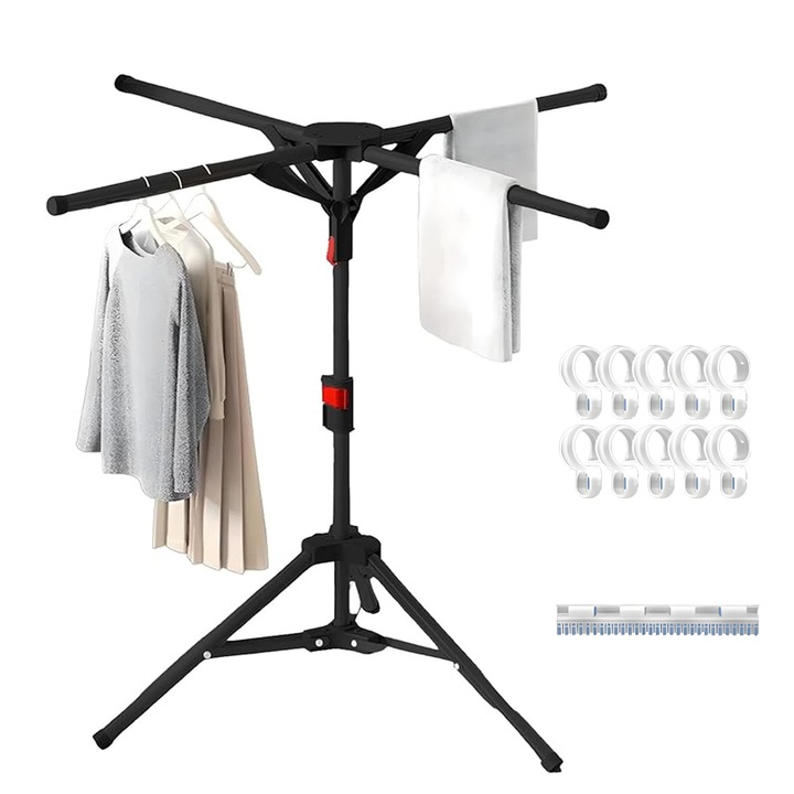 Set suport de uscare rufe, Asskanaer, Suport uscare rufe pliabil extensibil, Cu 10 suporturi pentru umerase and 1 clema pentru sosete, Poate rezista la 15 kg, Inaltime reglabila, Uscare 360°, Pentru interior, exterior, Otel carbon, 127*170cm, Negru