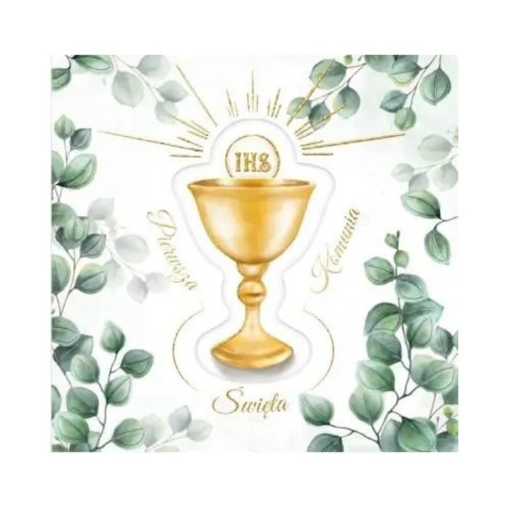 Felicitare HENRY, karnet KW Komunia, zlocit, 15x15cm, cu eucaliptus, cu envelopa