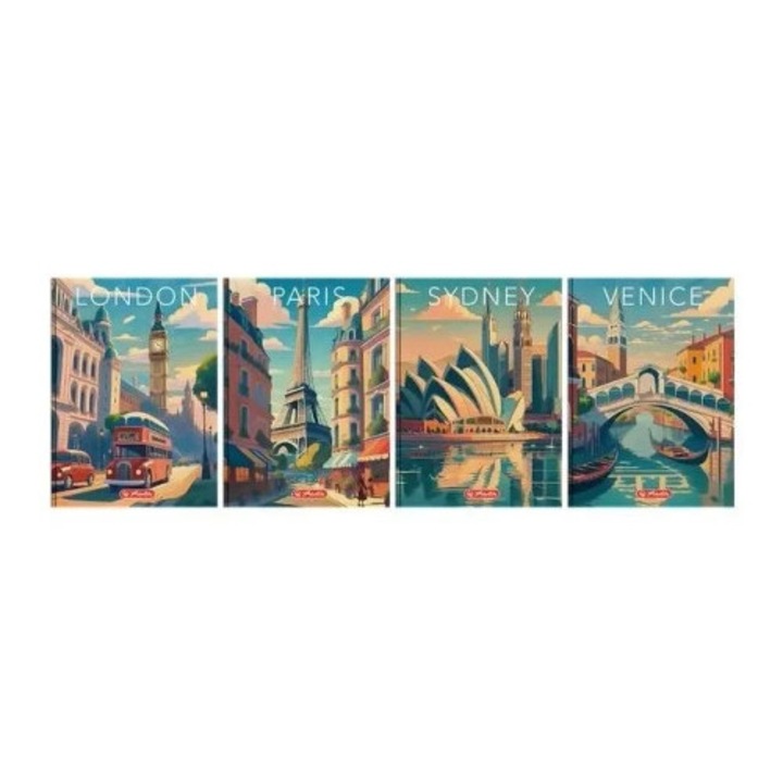 Caiet A6 Herlitz Retro City, 96 pagini, coperta cartonata, 5 bucati, design vintage