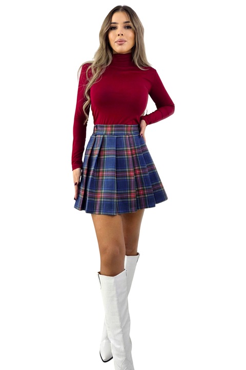 Къса плисирана пола, на каре, FashionForYou, модел Serena, с еластична талия, Синя, Универсален размер S/M/L