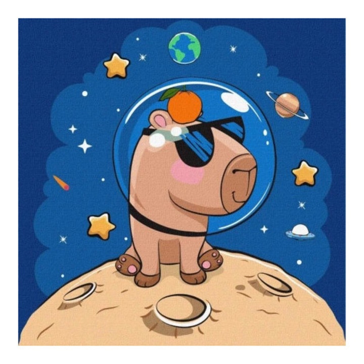 Set pictura pe numere, Kapibara in cosmos, 30x30cm, 2 pensule, culori ecologice