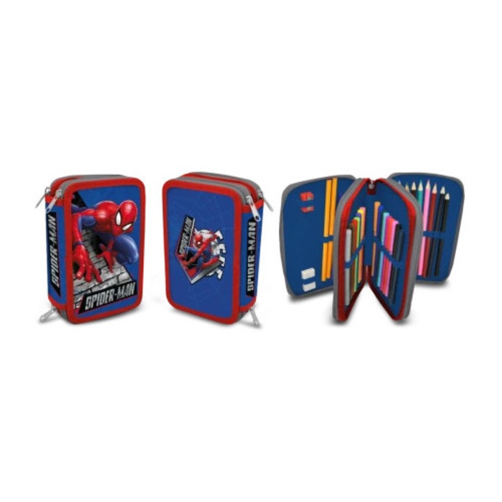 Euroswan Spiderman 2 rekeszes tolltartó, 20x14x5 cm, teljes készlet 1 ceruzával, 1 tollal, 9 színes ceruzával, 18 filctollal, 1 hegyezővel, 1 radírral, 1 vonalzóval