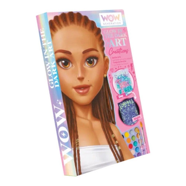 Set artistic Kids Euroswan WOW Glow Art Pad, 12 foi ilustrate, 10 acuarele metalice, 10 acuarele, 2 pensule, multicolor