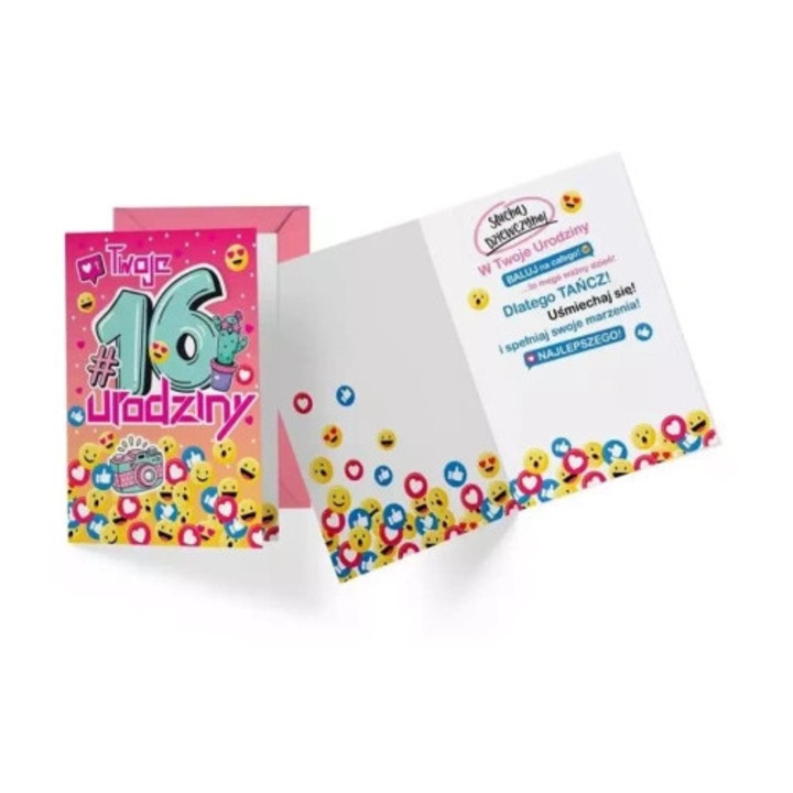 Felicitare KUKARTKA set, urodziny, decorata cu folie metalica si brokat, interior colorat, cu text, 16 cm