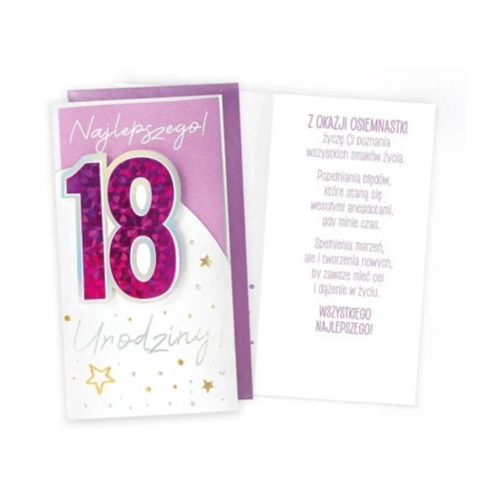 Felicitare KUKARTKA, Urodziny 18, decorata cu folie metalica si brokat, multicolor, cu envelopa asortata