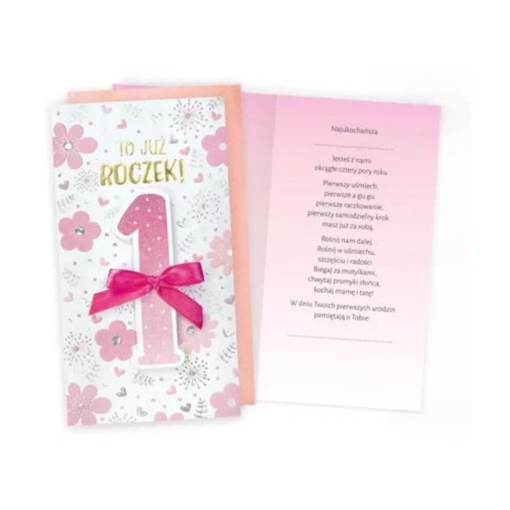 Felicitare KUKARTKA, Urodziny, rozowe kwiatki, decoratii metalice, set cu plic