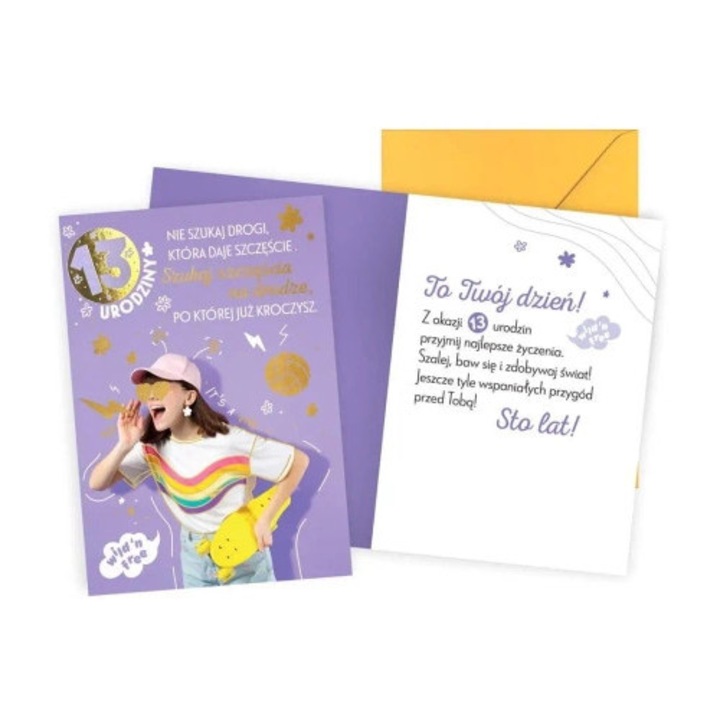 Felicitare Urodziny 13 pentru fetita, KUKARTKA, 140x190mm, cu text de urari, cu plic asortat
