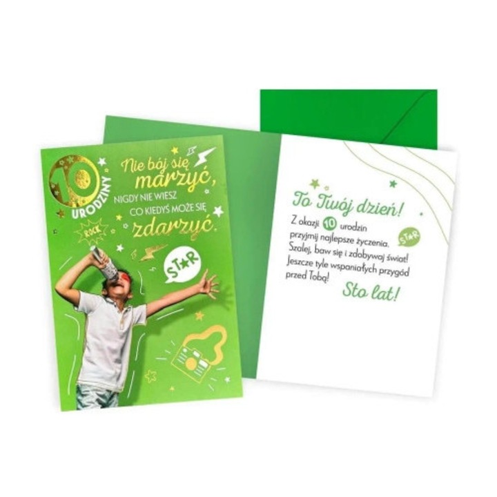 Felicitare Urodziny 10 baietei, KUKARTKA, 140x190mm, cu text de urari, cu plic asortat