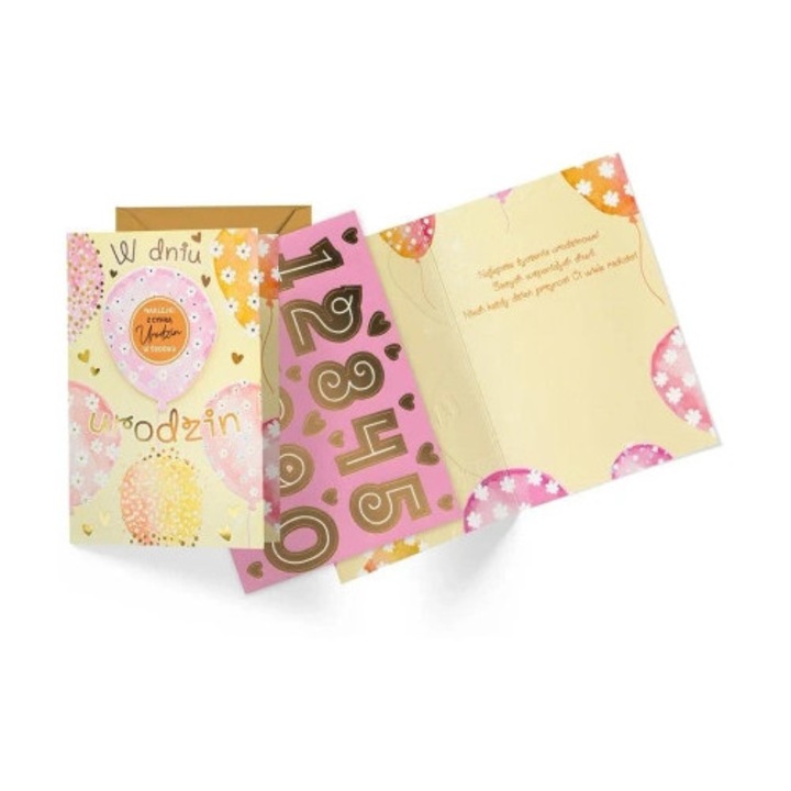 Kartka B6 KUKARTKA Dream Cards "W dniu urodzin", colorata, cu diverse decoratiuni, set cu envelopa