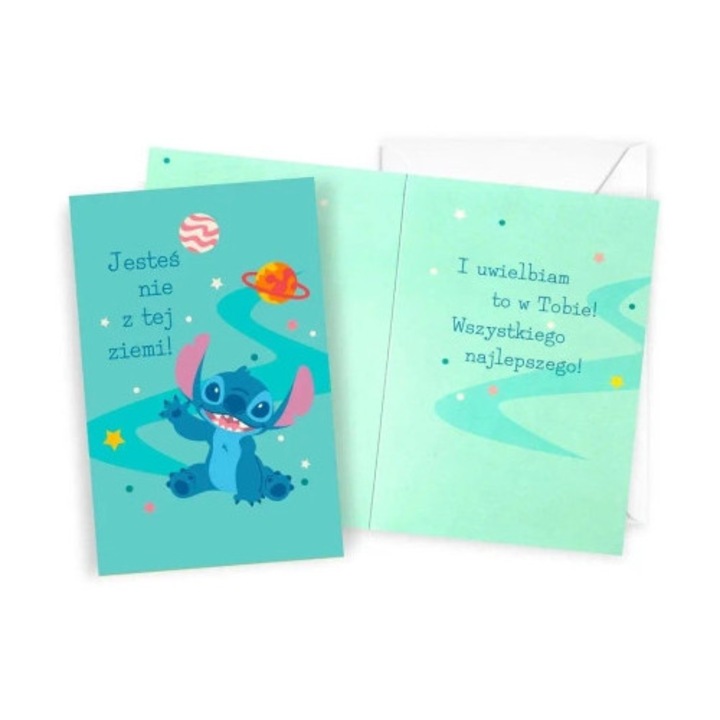 Felicitare Lilo si Stitch, 11x17cm, cu mesaj special, set cu plic alb