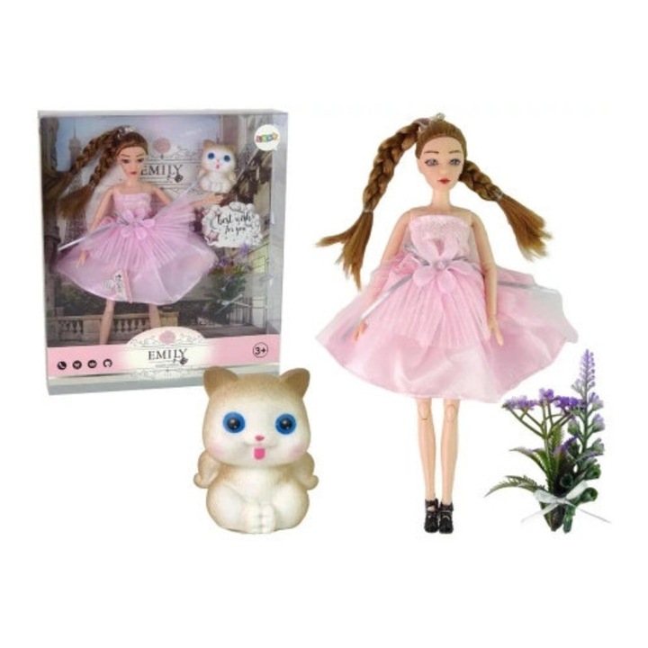 Set papusi Emily, flori, pisica, 30x7x4cm, roz