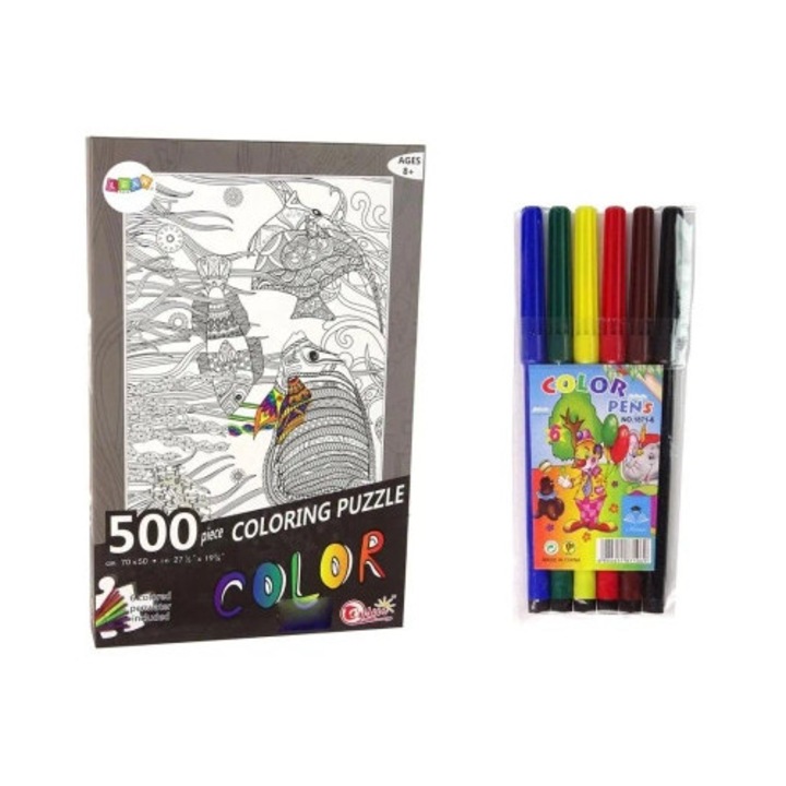 Puzzle 500 elemente colorare, leantoys, peisaj cu pesti, 70x50cm, set cu 6 markere